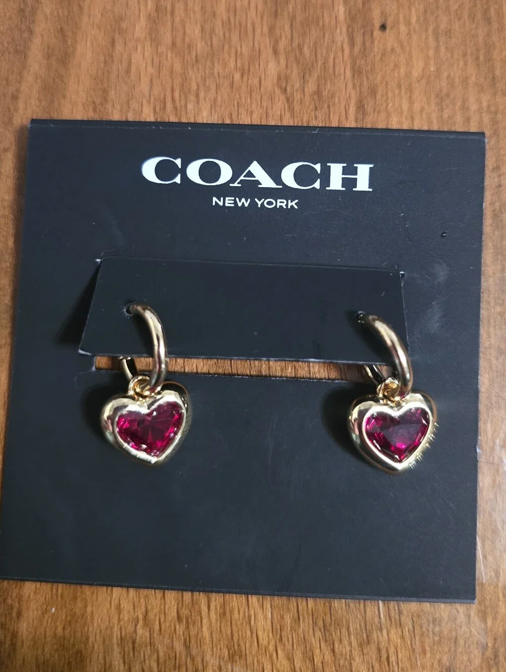COACH Gold-Tone Heart Hoop Earrings with Ruby Gemstones - Picture 1 of 3